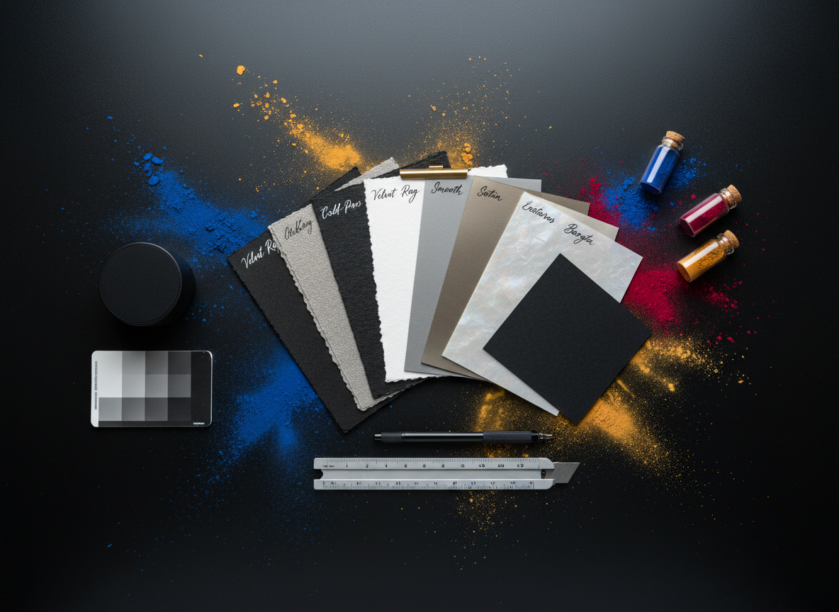 A beautifully arranged sample kit set, featuring neatly fanned swatches of premium art papers—velvety, textured rag, smooth satin, and lustrous baryta—each labeled with delicate calligraphy ink. The kit is presented on a matte black workspace alongside color calibration tools, accentuated by scattered pigment powders. The environment is pristine and thoughtfully ordered, illuminated by cool, consistent studio lighting that brings out each paper’s unique texture and tactile appeal. The atmosphere is professional yet inspirational, tailored for creative decision-makers. Taken from a top-down, bird’s eye view, the image is balanced and minimalist, aligning with a modern, high-end fine art printing aesthetic.