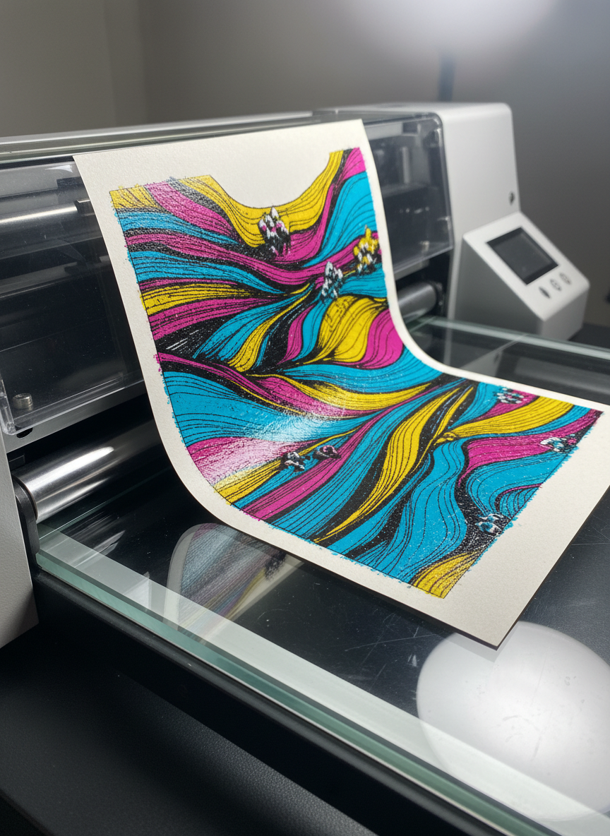 An intricately detailed close-up of a freshly inked artist’s print emerging from a professional flatbed printer, glossy inks shimmering atop heavyweight cotton paper. The print reveals vivid colors and precise linework, its tactile texture contrasting with the sleek metal and glass surfaces of the modern printer. Bathed in bright, diffuse overhead studio lighting, the scene gleams with clarity, each nuance of the print accentuated. The atmosphere is dynamic yet focused, celebrating technical excellence. Shot from a close, side angle with symmetrical framing, the image combines sharp focus on the print with subtly blurred technological details in the background, embodying a contemporary fine art studio style.