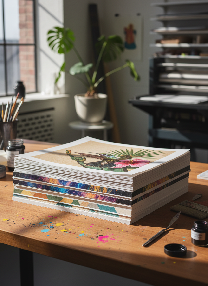 A meticulously stacked collection of vibrant fine art prints on luxuriously thick matte paper, each sheet featuring edge-to-edge color and razor-sharp detail. The prints rest atop a hand-finished wooden worktable polished to a soft sheen, surrounded by subtle specks of pigment and artist tools. Gentle natural daylight pours in from the side, casting delicate highlights across textured paper and creating soft, graceful shadows. The mood is artistic and inviting, hinting at creative possibilities. Captured from a slightly elevated angle with a centered, crisp composition and a shallow depth of field that blurs the artisan setting beyond, evoking a clean, modern, and passionate printing studio aesthetic.