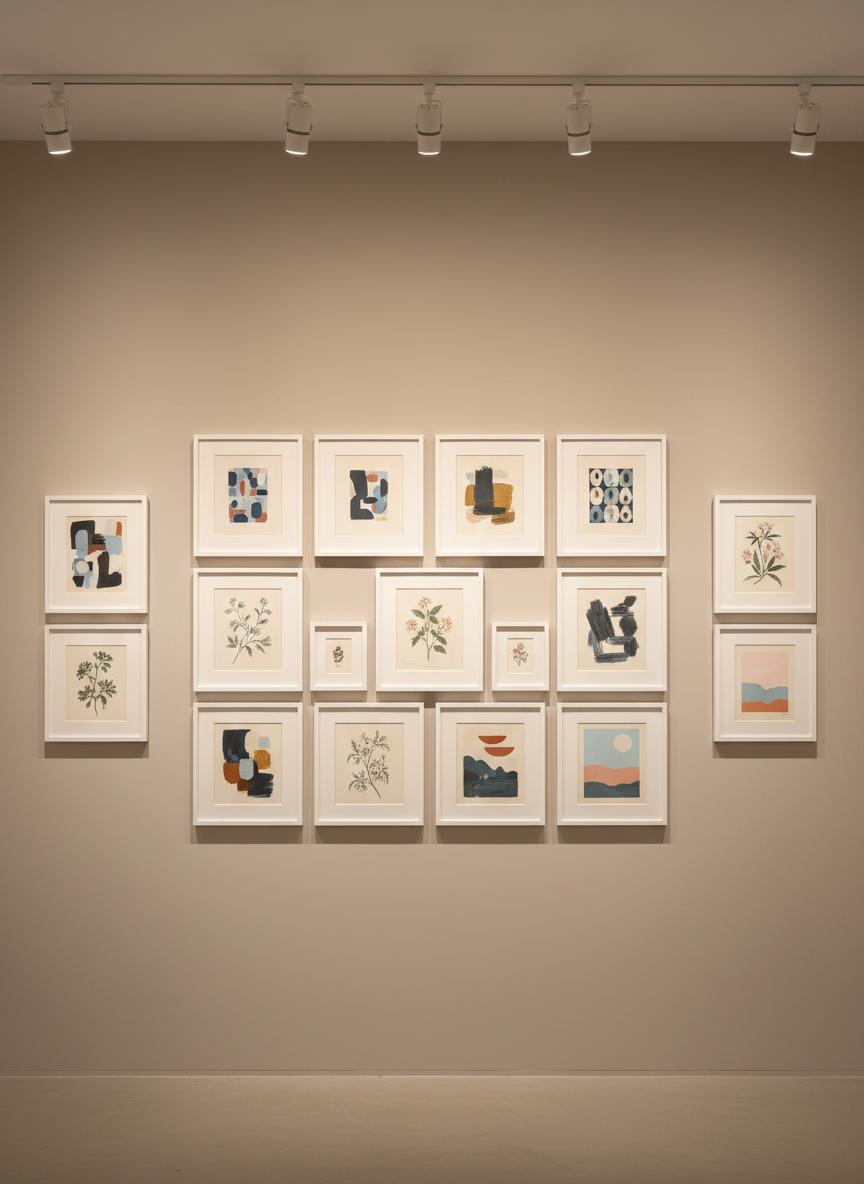A display wall featuring an expertly curated grid of limited edition art prints in minimalist white frames. Each print’s color and detail contrast elegantly against a smooth, neutral-toned gallery wall. The space is softly illuminated by a row of warm, museum-grade spotlights from above, creating crisp highlights on the glass and subtle, graceful shadows beneath each frame. The mood is serene and sophisticated, encouraging appreciation and reflection. Captured from an eye-level perspective with perfect alignment, the image offers sharp focus and balanced composition, embracing a clean, modern aesthetic ideal for a fine art printing studio showcase.